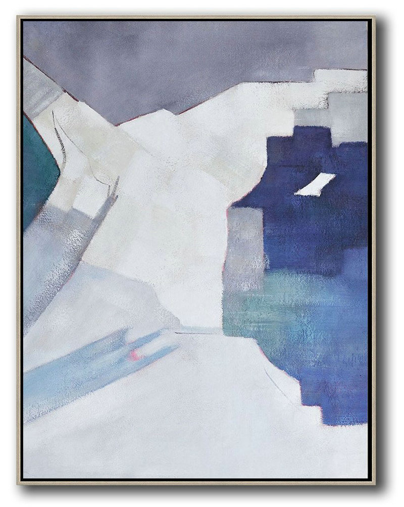 Original Abstract Painting Extra Large Canvas Art,Vertical Palette Knife Contemporary Art,Acrylic Minimailist Painting,Blue,White,Grey.etc